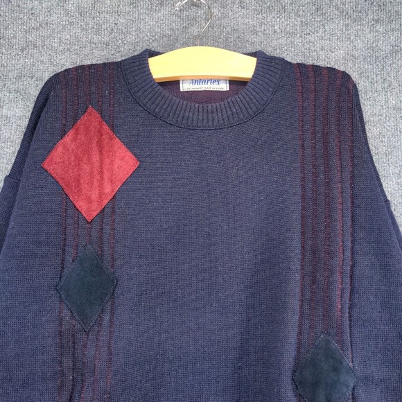 Antartex Men's Pullover Knit Sweater Blue XL Diamond Patch Striped Wool Vintage - Picture 3 of 12